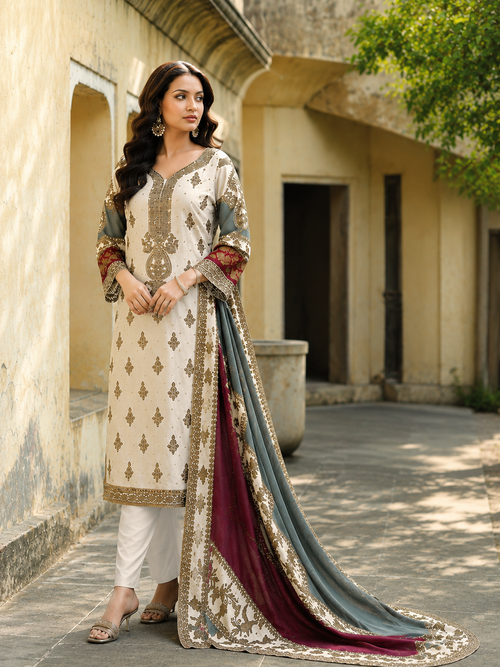Cream & Grey Blue Printed Suit Set with Wine Dupatta