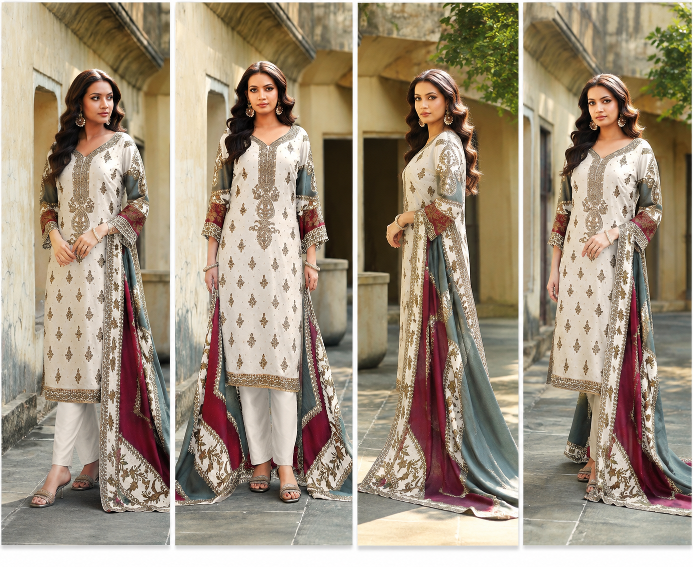 Ivory & Gold Embroidered Suit Set with Contrast Printed Dupatta