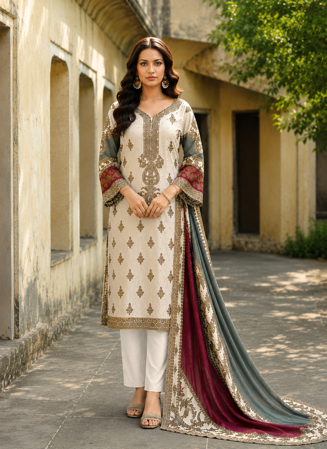 Ivory & Gold Embroidered Suit Set with Contrast Printed Dupatta