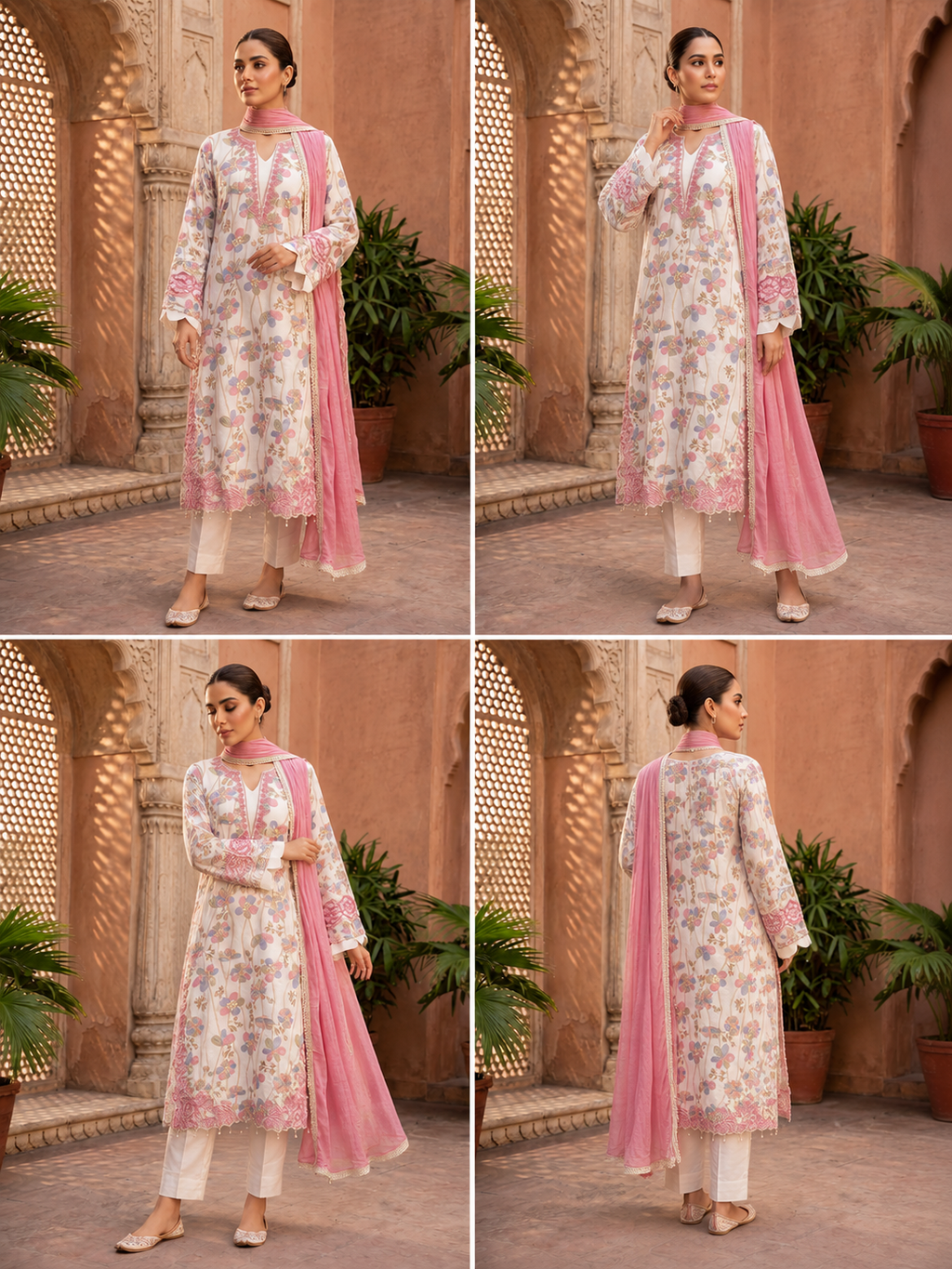 White Floral Printed Suit Set with Pink Dupatta