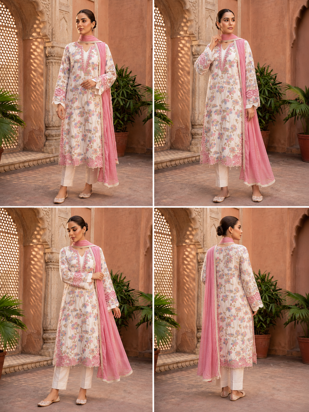 White Floral Printed Suit Set with Pink Dupatta