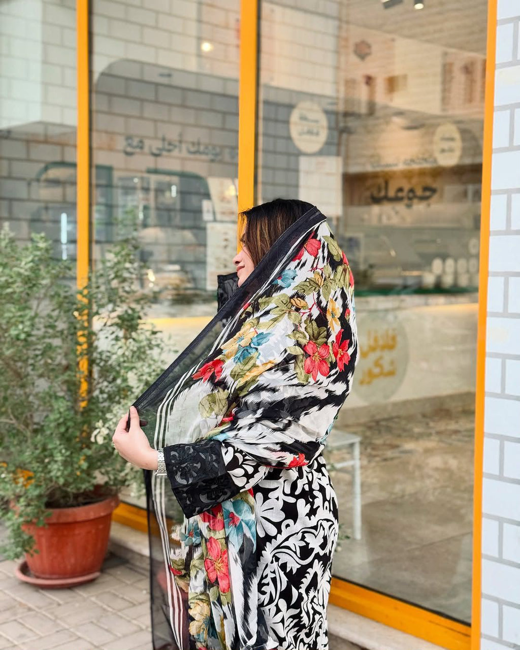 Black & White Floral Printed Suit Set with Multicolor Dupatta
