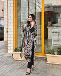 Black & White Floral Printed Suit Set with Multicolor Dupatta