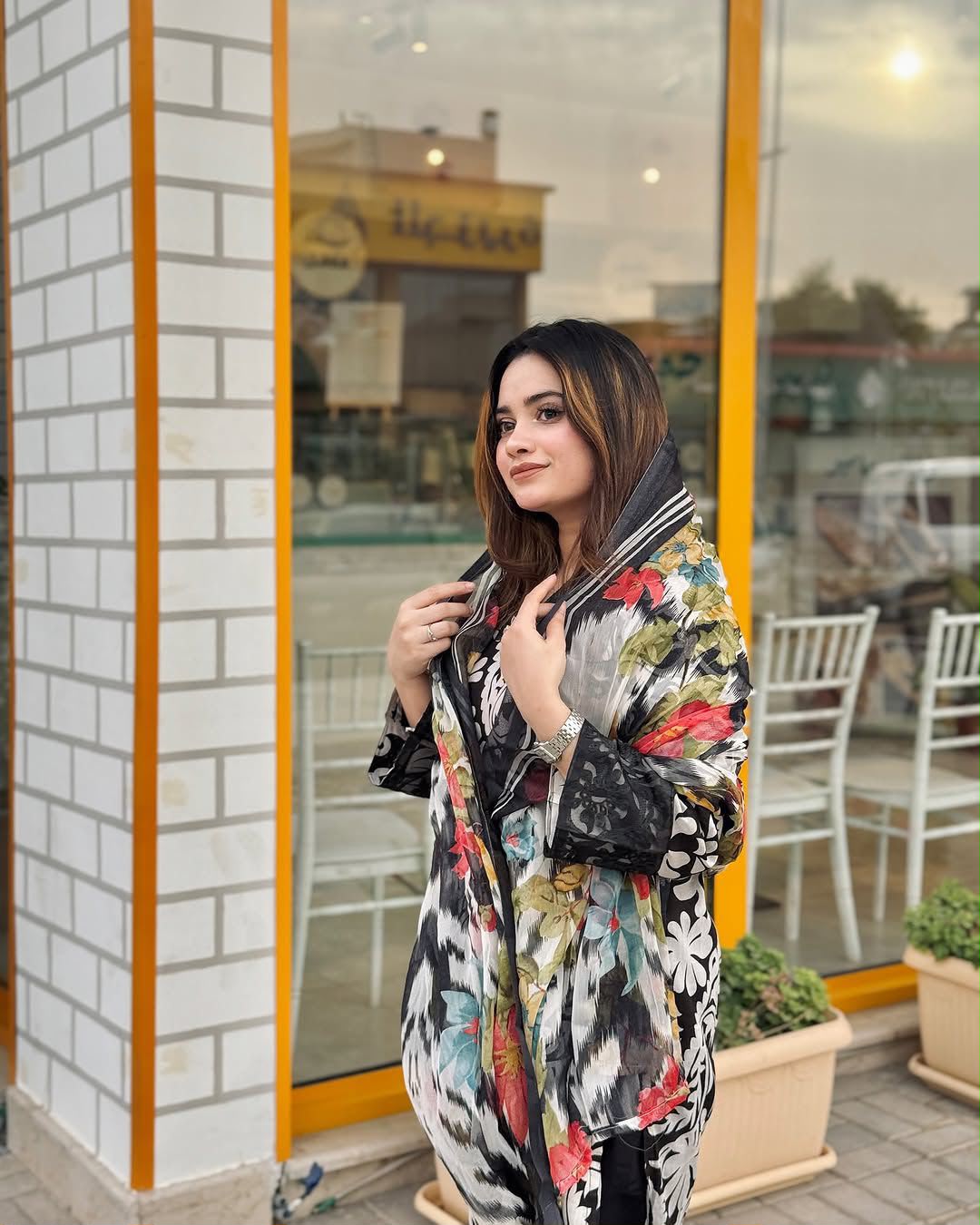 Black & White Floral Printed Suit Set with Multicolor Dupatta
