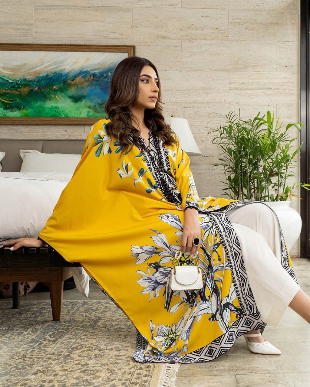 Mustard Yellow Printed Kurta with White Pants