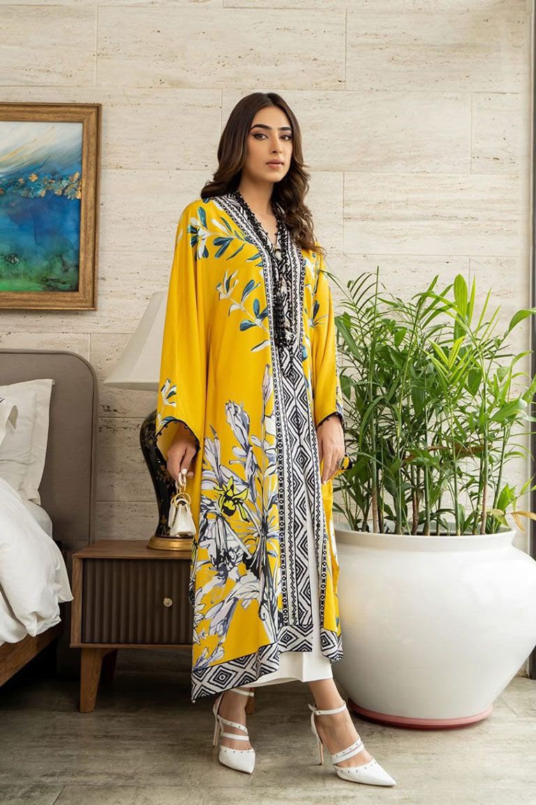 Mustard Yellow Printed Kurta with White Pants