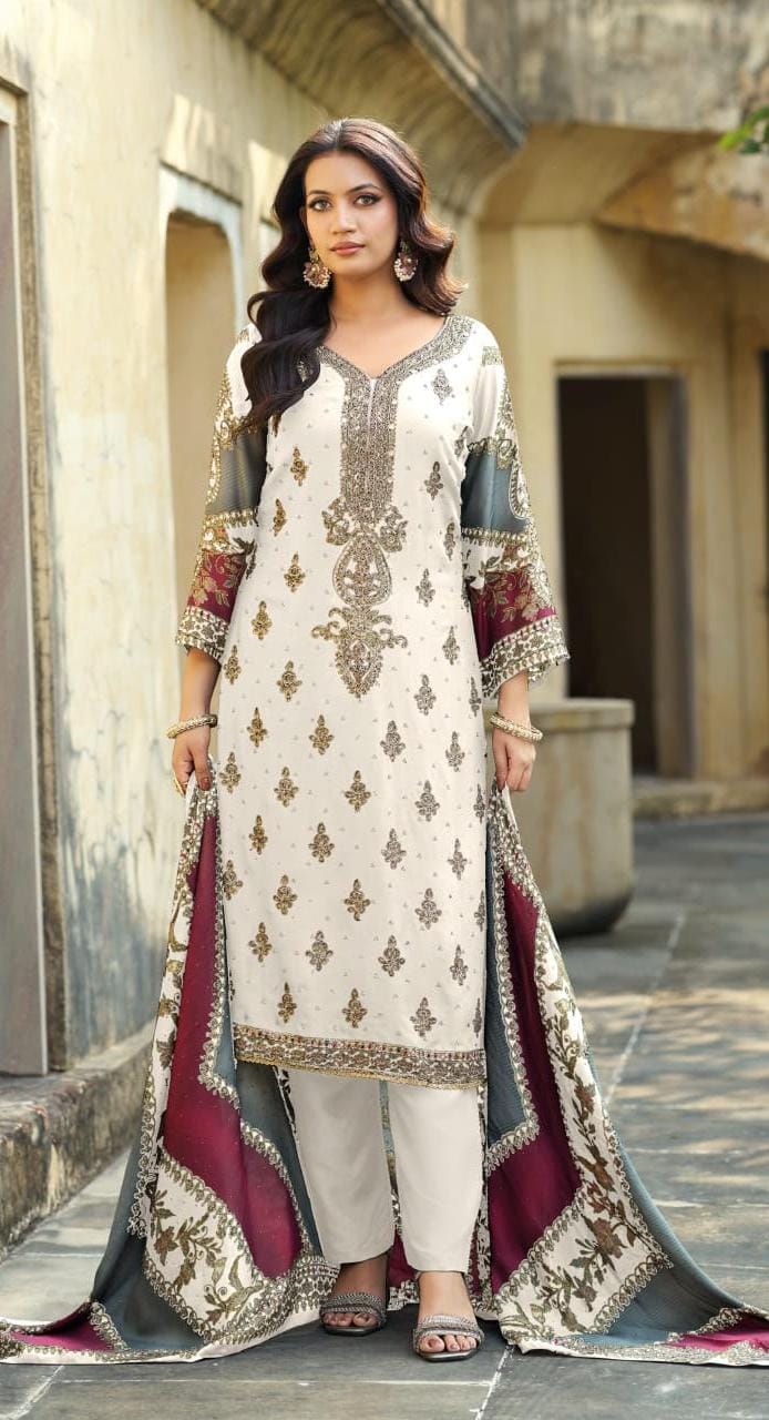 Ivory & Gold Embroidered Suit Set with Contrast Printed Dupatta