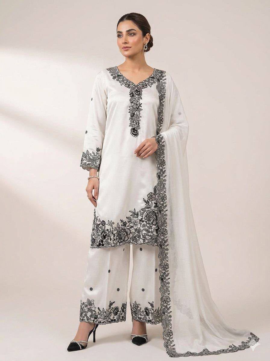 Embroidered 3-Piece Suit Set with Palazzo & Dupatta
