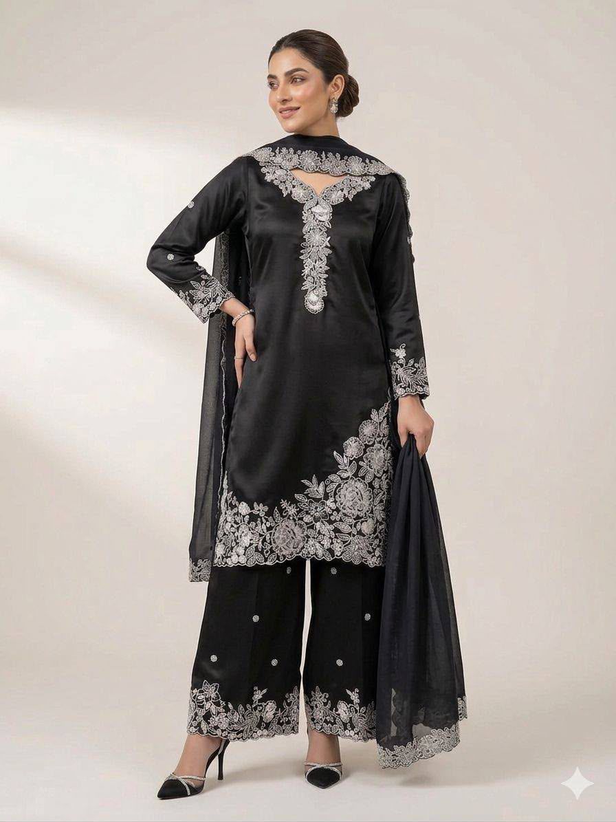 Embroidered 3-Piece Suit Set with Palazzo & Dupatta