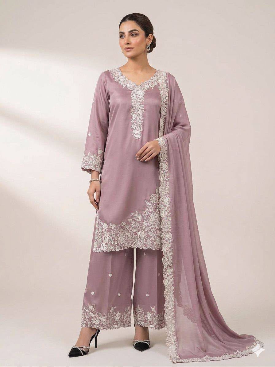Embroidered 3-Piece Suit Set with Palazzo & Dupatta