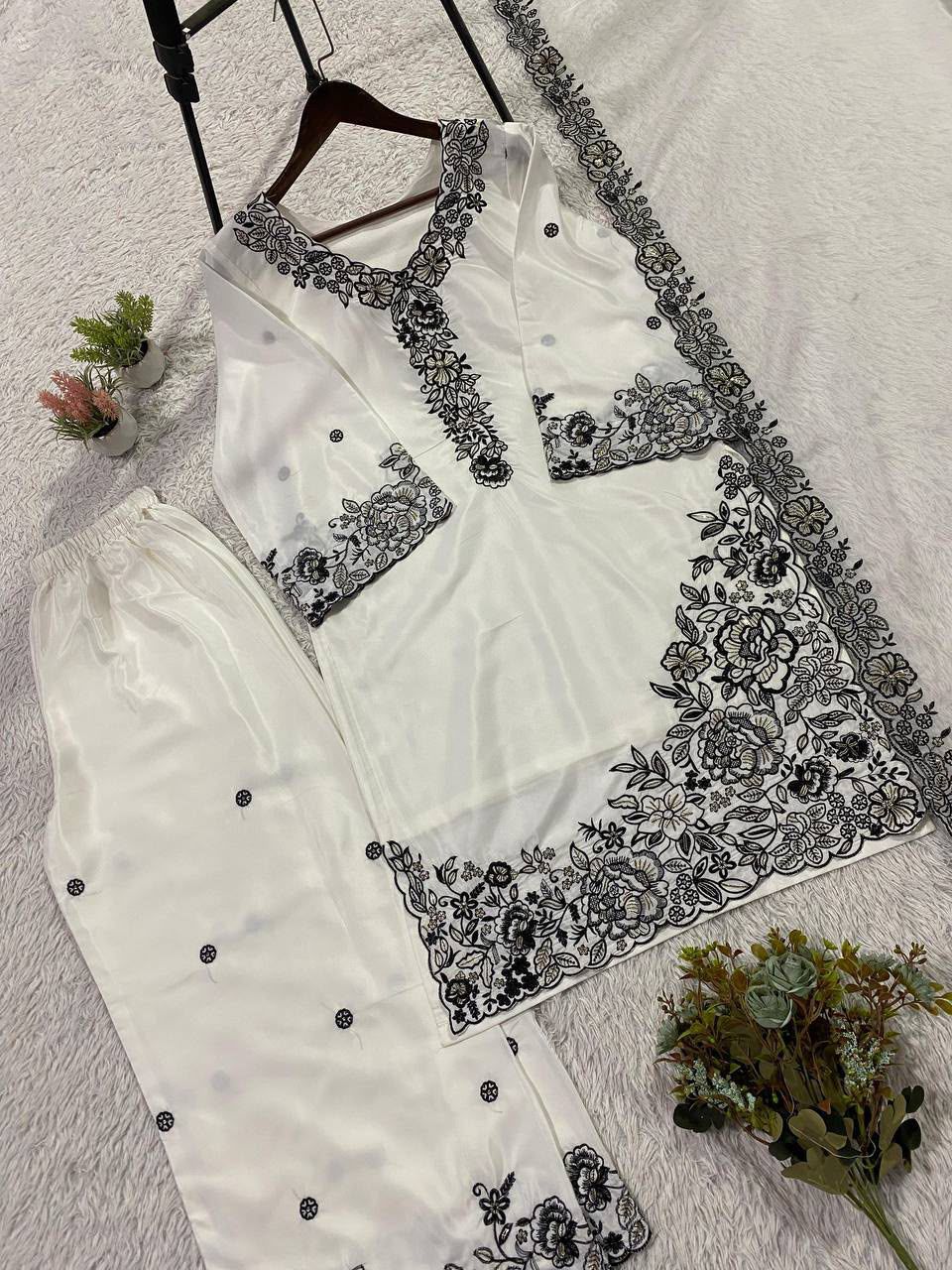 Embroidered 3-Piece Suit Set with Palazzo & Dupatta