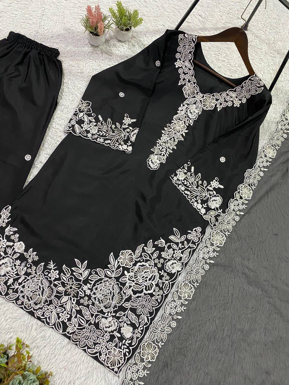 Embroidered 3-Piece Suit Set with Palazzo & Dupatta