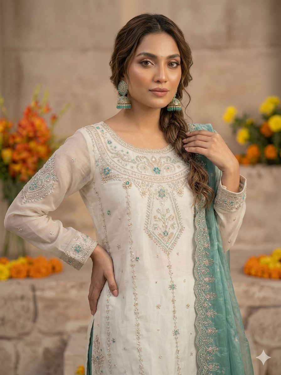Mint Green & Cream Embroidered Suit Set with Floral Dupatta