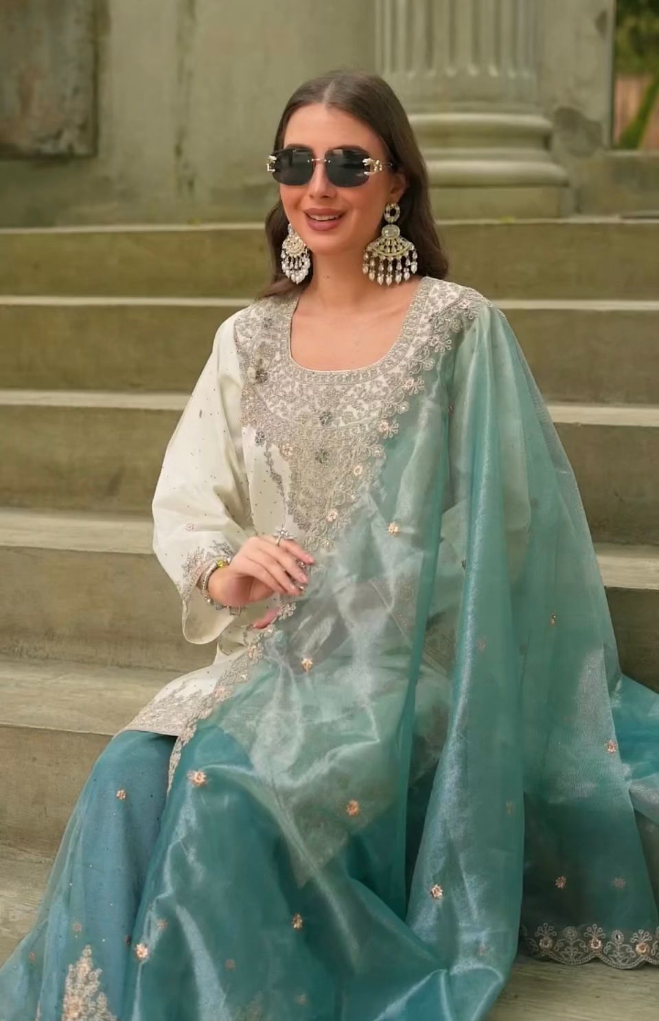 Mint Green & Cream Embroidered Suit Set with Floral Dupatta