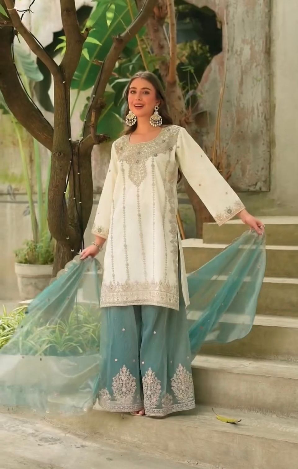 Mint Green & Cream Embroidered Suit Set with Floral Dupatta