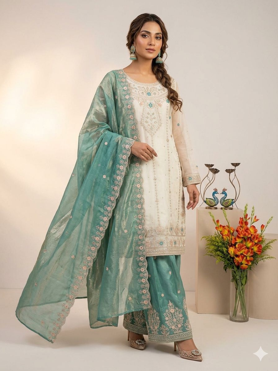 Mint Green & Cream Embroidered Suit Set with Floral Dupatta