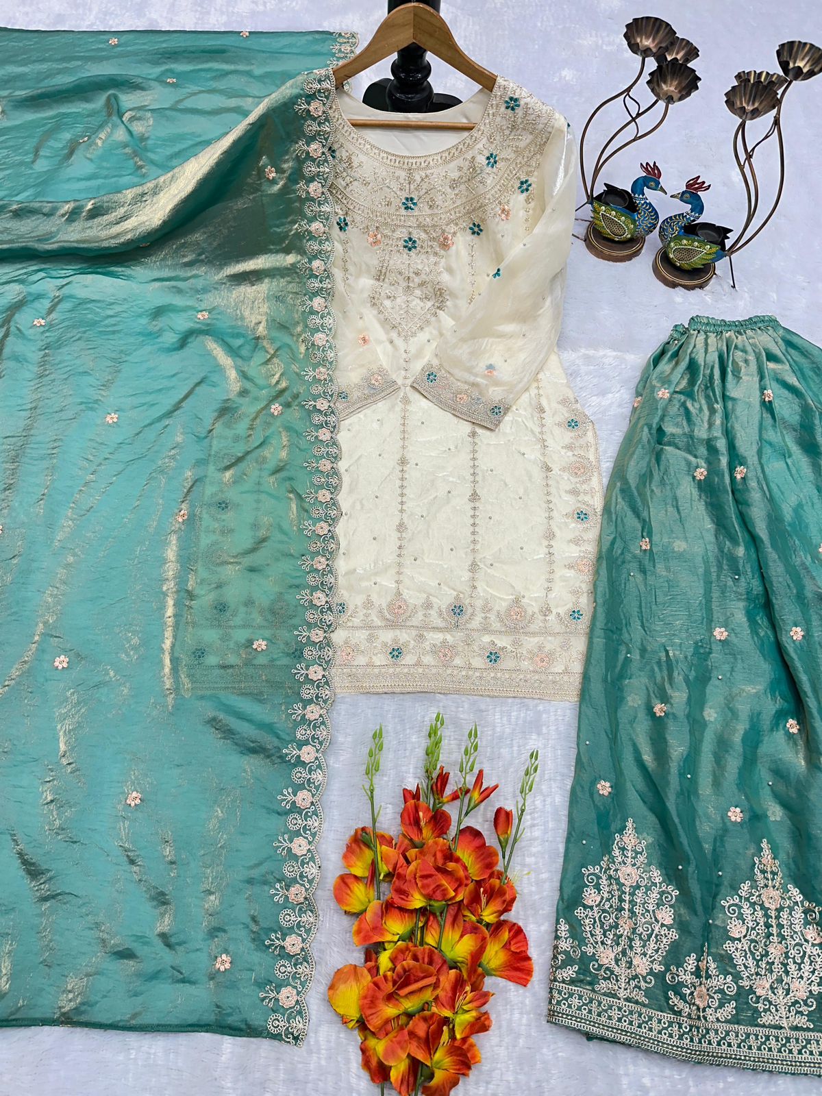 Mint Green & Cream Embroidered Suit Set with Floral Dupatta