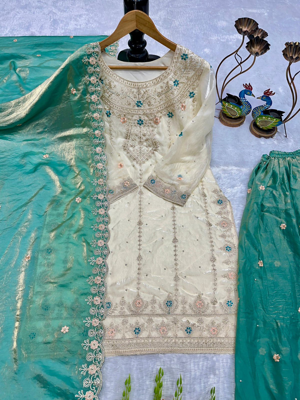 Mint Green & Cream Embroidered Suit Set with Floral Dupatta