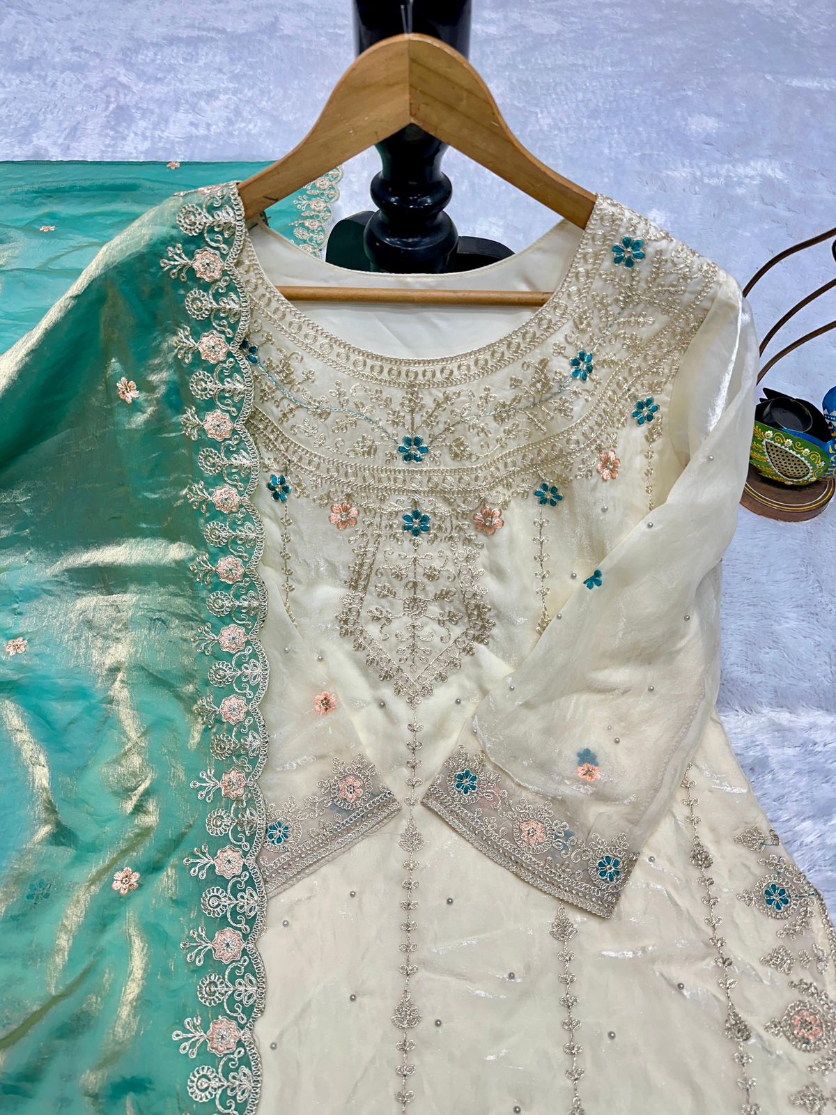 Mint Green & Cream Embroidered Suit Set with Floral Dupatta